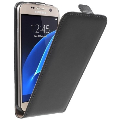 Samsung Galaxy S7 (G930) klasisks ādas vertikāli atvēramais melns maciņš / Vacins.lv