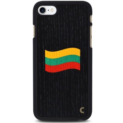 Apple iPhone 7 (iPhone 8) „Crafted Cover“ Juodas Lietuvos vėliava natūralaus medžio dėklas (tamsus medis) / Priedai.lt