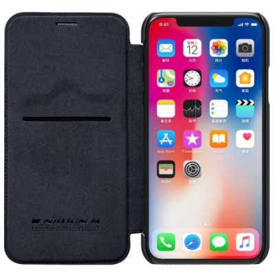 Greznais „Nillkin“ Qin sērijas ādas atvērams melns Apple iPhone X (iPhone Xs) maciņš / Vacins.lv