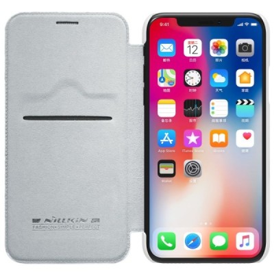 Greznais „Nillkin“ Qin sērijas ādas atvērams balts Apple iPhone X (iPhone Xs) maciņš / Vacins.lv