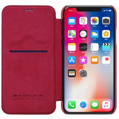 Роскошный красный кожаный чехол Nillkin Qin Series для Apple iPhone X (iPhone Xs) | Vacins.lv