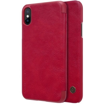 Роскошный красный кожаный чехол Nillkin Qin Series для Apple iPhone X (iPhone Xs) | Vacins.lv