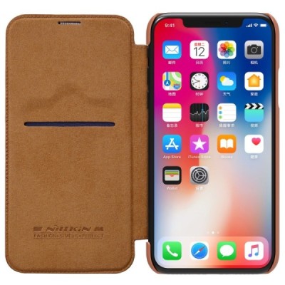 Greznais „Nillkin“ Qin sērijas ādas atvērams brūns Apple iPhone X (iPhone Xs) maciņš / Vacins.lv