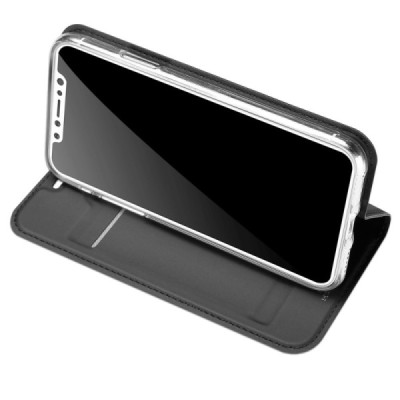 Apple iPhone X (iPhone Xs) „Dux Ducis“ Skin sērijas melns ādas atvērams maciņš / Vacins.lv