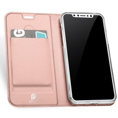 Apple iPhone X (iPhone Xs) „Dux Ducis“ Skin sērijas rozs ādas atvērams maciņš / Vacins.lv