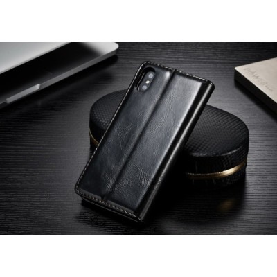 Apple iPhone X (iPhone Xs) „CaseMe“ solīds atvēramais ādas melns maciņš - maks / Vacins.lv