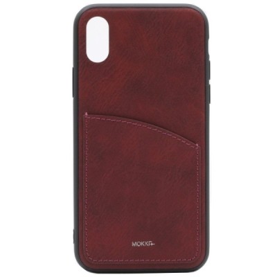 Apple iPhone X (iPhone Xs) „MOKKA“ Retro bordo ādas apvalks ar iebūvētu karšu turētāju / Vacins.lv