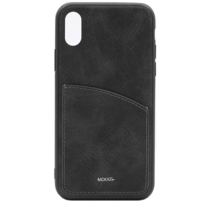 Apple iPhone X (iPhone Xs) „MOKKA“ Retro melns ādas apvalks ar iebūvētu karšu turētāju / Vacins.lv