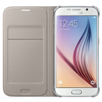 Samsung Galaxy S6 G920 oficiāls Flip Wallet atvērams zelta ādas maciņš (maks) / Vacins.lv