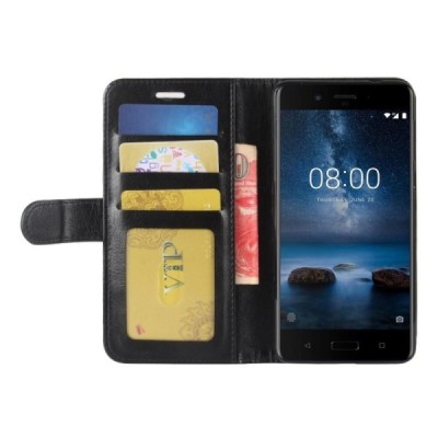 Nokia 8 открываемый чёрный кожаный чехол - книжка | Vacins.lv