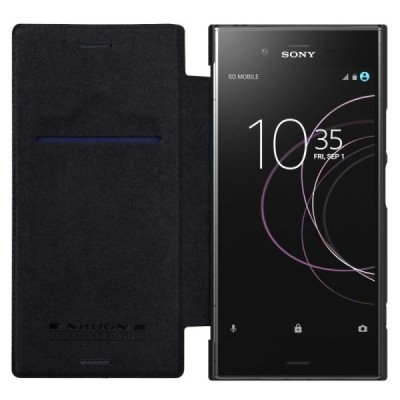 Роскошный чёрный кожаный чехол Nillkin Qin Series для Sony Xperia XZ1 | Vacins.lv