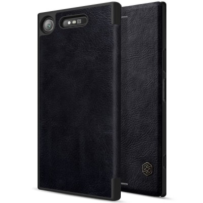 Роскошный чёрный кожаный чехол Nillkin Qin Series для Sony Xperia XZ1 | Vacins.lv