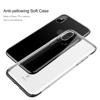Apple iPhone X (iPhone Xs) elegants „Baseus“ Armor dzidrs (caurspīdīgs) silikona apvalks (apmales melnā krāsā) / Vacins.lv