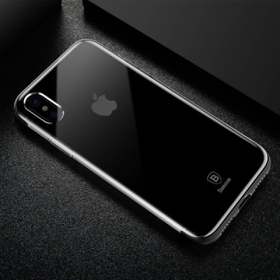 Apple iPhone X (iPhone Xs) elegants „Baseus“ Armor dzidrs (caurspīdīgs) silikona apvalks (apmales melnā krāsā) / Vacins.lv