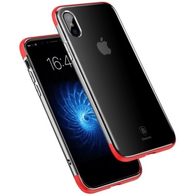 Apple iPhone X (iPhone Xs) „Baseus“ Armor Case TPU силиконовый прозрачный чехол с красной рамкой | Vacins.lv
