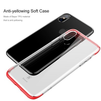 Apple iPhone X / Xs elegants „Baseus“ Armor dzidrs (caurspīdīgs) silikona apvalks (apmales sarkanā krāsā) / Vacins.lv