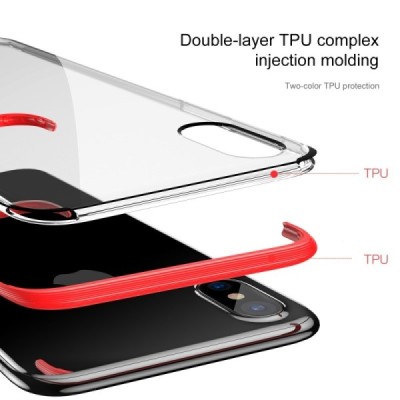 Apple iPhone X / Xs elegants „Baseus“ Armor dzidrs (caurspīdīgs) silikona apvalks (apmales sarkanā krāsā) / Vacins.lv