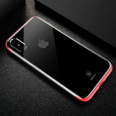 Apple iPhone X / Xs elegants „Baseus“ Armor dzidrs (caurspīdīgs) silikona apvalks (apmales sarkanā krāsā) / Vacins.lv