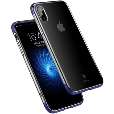 Apple iPhone X (iPhone Xs) „Baseus“ Armor Case TPU силиконовый прозрачный чехол с синей рамкой | Vacins.lv