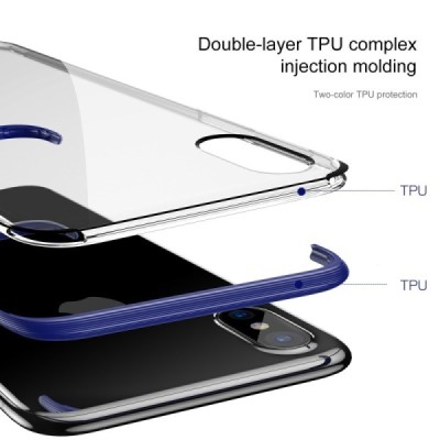 Apple iPhone X (iPhone Xs) „Baseus“ Armor Case TPU силиконовый прозрачный чехол с синей рамкой | Vacins.lv