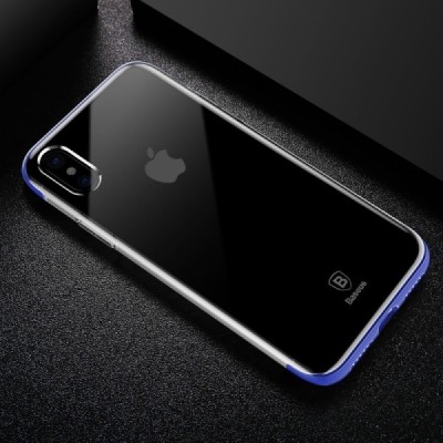 Apple iPhone X (iPhone Xs) „Baseus“ Armor Case TPU силиконовый прозрачный чехол с синей рамкой | Vacins.lv