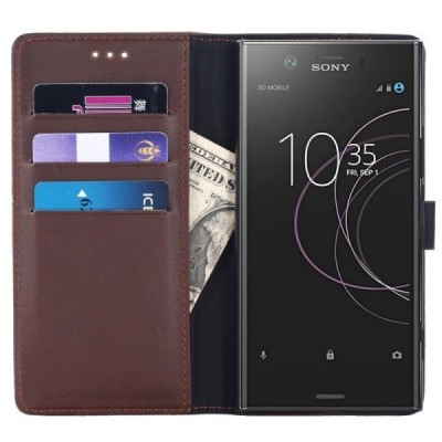 Sony Xperia XZ1 Compact открываемый тёмно-коричневый кожаный чехол - книжка | Vacins.lv