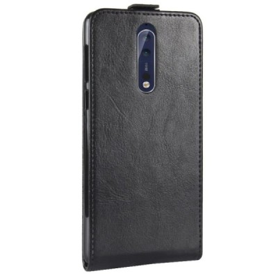 Nokia 8 классический вертикально открывающийся чёрный кожаный чехол-книжка | Vacins.lv