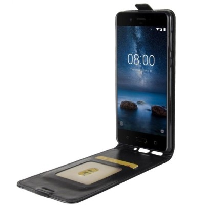 Nokia 8 классический вертикально открывающийся чёрный кожаный чехол-книжка | Vacins.lv