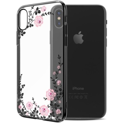 Apple iPhone X (iPhone Xs) „Kavaro“ Crystal  Flowers Swarovski пластиковый прозрачный чёрный чехол с кристаллами | Vacins.lv