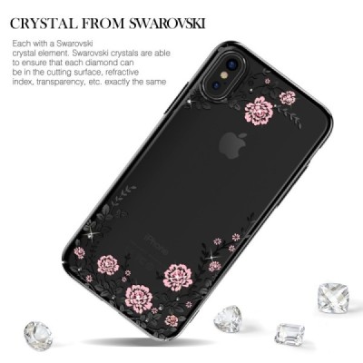 Apple iPhone X (iPhone Xs) „Kavaro“ Crystal  Flowers Swarovski пластиковый прозрачный чёрный чехол с кристаллами | Vacins.lv