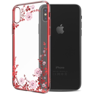 Apple iPhone X (iPhone Xs) „Kavaro“ Crystal  Flowers Swarovski dzidrs (caurspīdīgs) sarkans plastmasas apvalks ar kristāliem / V