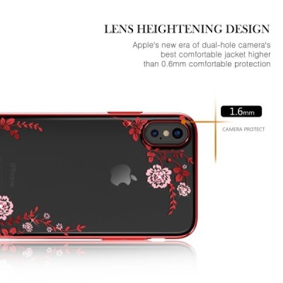 Apple iPhone X (iPhone Xs) „Kavaro“ Crystal  Flowers Swarovski dzidrs (caurspīdīgs) sarkans plastmasas apvalks ar kristāliem / V
