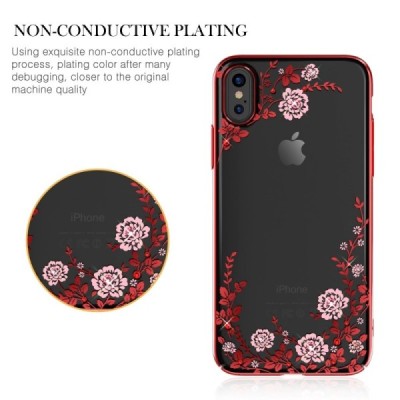 Apple iPhone X (iPhone Xs) „Kavaro“ Crystal  Flowers Swarovski dzidrs (caurspīdīgs) sarkans plastmasas apvalks ar kristāliem / V