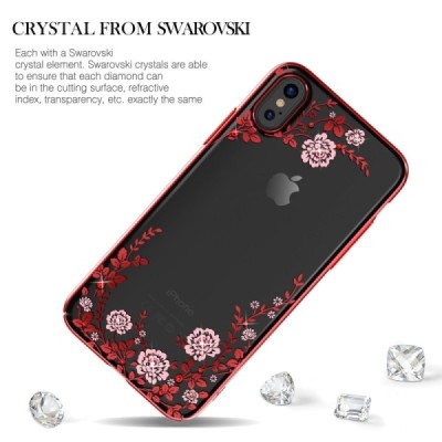 Apple iPhone X (iPhone Xs) „Kavaro“ Crystal  Flowers Swarovski dzidrs (caurspīdīgs) sarkans plastmasas apvalks ar kristāliem / V
