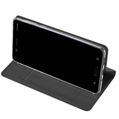 Nokia 8 „Dux Ducis“ Skin sērijas melns ādas atvērams maciņš / Vacins.lv