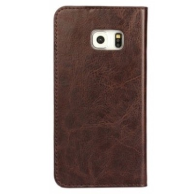Samsung Galaxy S6 Edge (G925) „Faux Leather“ solīds atvēramais ādas tumši brūns maciņš - maks / Vacins.lv