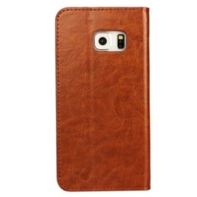 Samsung Galaxy S6 Edge (G925) „Faux Leather“ solīds atvēramais ādas brūns maciņš - maks / Vacins.lv