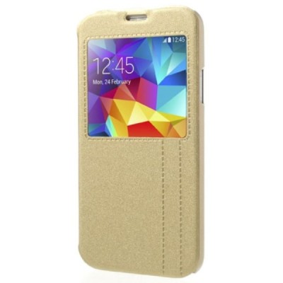 Samsung Galaxy S5 G900 (S5 Neo G903) Atvēramais maciņš ar lodziņu - zelta / Vacins.lv