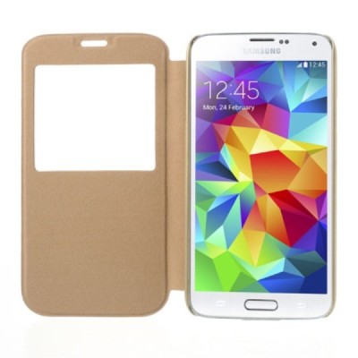 Samsung Galaxy S5 G900 (S5 Neo G903) Atvēramais maciņš ar lodziņu - zelta / Vacins.lv