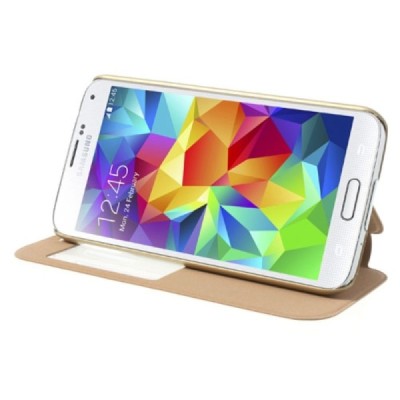 Samsung Galaxy S5 G900 (S5 Neo G903) Atvēramais maciņš ar lodziņu - zelta / Vacins.lv
