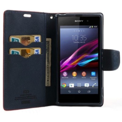 Sony Xperia Z1 (Honami L39h) „Mercury“ Fancy atvērams sarkans ādas maciņš - maks / Vacins.lv
