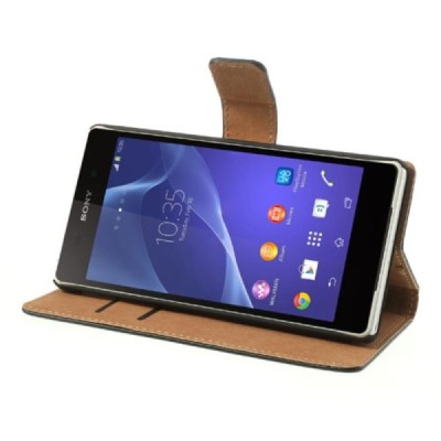 Sony Xperia Z2 открываемый чёрный кожаный чехол - книжка | Vacins.lv