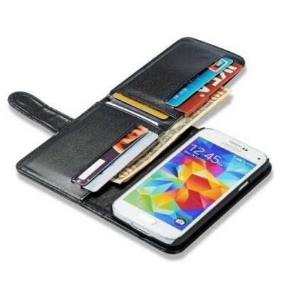 Samsung Galaxy S5 (S5 Neo) открываемый чёрный кожаный чехол - книжка | Vacins.lv