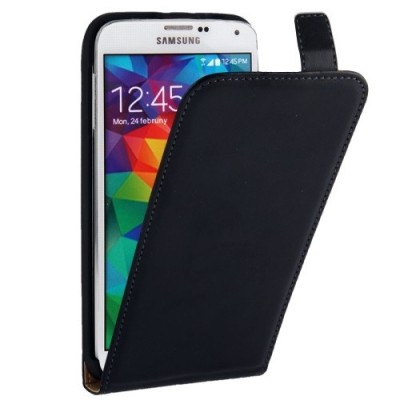 Samsung Galaxy S5 (S5 Neo) классический вертикально открывающийся чёрный кожаный чехол-книжка | Vacins.lv