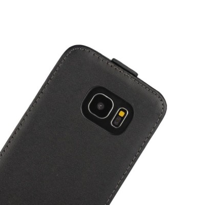 Samsung Galaxy S7 Edge (G935) klasisks ādas vertikāli atvēramais melns maciņš / Vacins.lv