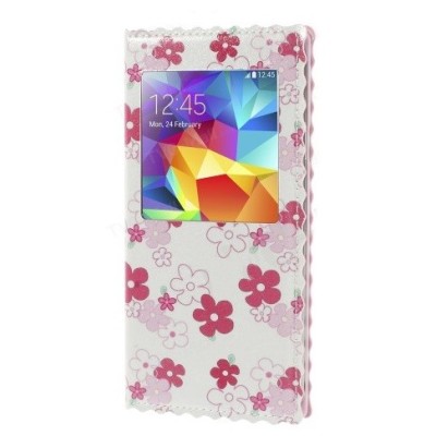 Samsung Galaxy S5 (S5 Neo) „Flowers“ sērijas balts ādas atvērams maciņš / Vacins.lv