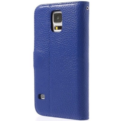 Samsung Galaxy S5 (S5 Neo) atvēramais zils ādas Lychee futrālis - maciņš / Vacins.lv