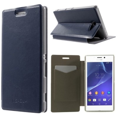 Sony Xperia M2 Aqua atvērams tumši zils ādas maciņš / Vacins.lv
