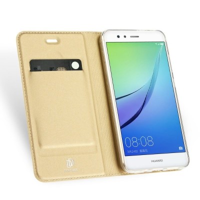 Huawei P10 Lite „Dux Ducis“ Skin sērijas zelta ādas atvērams maciņš / Vacins.lv