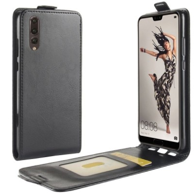 Huawei P20 klasisks ādas vertikāli atvēramais melns maciņš / Vacins.lv